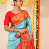 Cyan Blue Kanjivaram Silk Saree With Floral Jaal