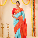 Cyan Blue Kanjivaram Silk Saree With Floral Jaal