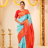 Cyan Blue Kanjivaram Silk Saree With Floral Jaal