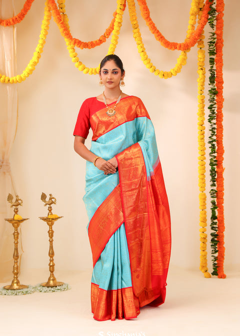 <img> Cyan Blue Kanjivaram Silk Saree With Floral Jaal
