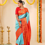 Cyan Blue Kanjivaram Silk Saree With Floral Jaal