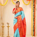 Cyan Blue Kanjivaram Silk Saree With Floral Jaal