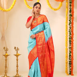 Cyan Blue Kanjivaram Silk Saree With Floral Jaal