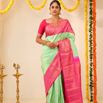 Mint Greeen Kanjivaram Silk Saree With Contrast Border