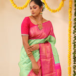 Mint Greeen Kanjivaram Silk Saree With Contrast Border