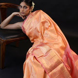 Pastel Peach Kanjivaram Silk Saree With Gold Butti And Big Border