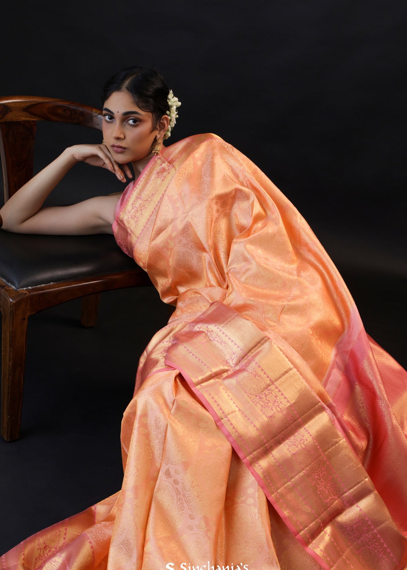 Pastel Peach Kanjivaram Silk Saree With Gold Butti And Big Border