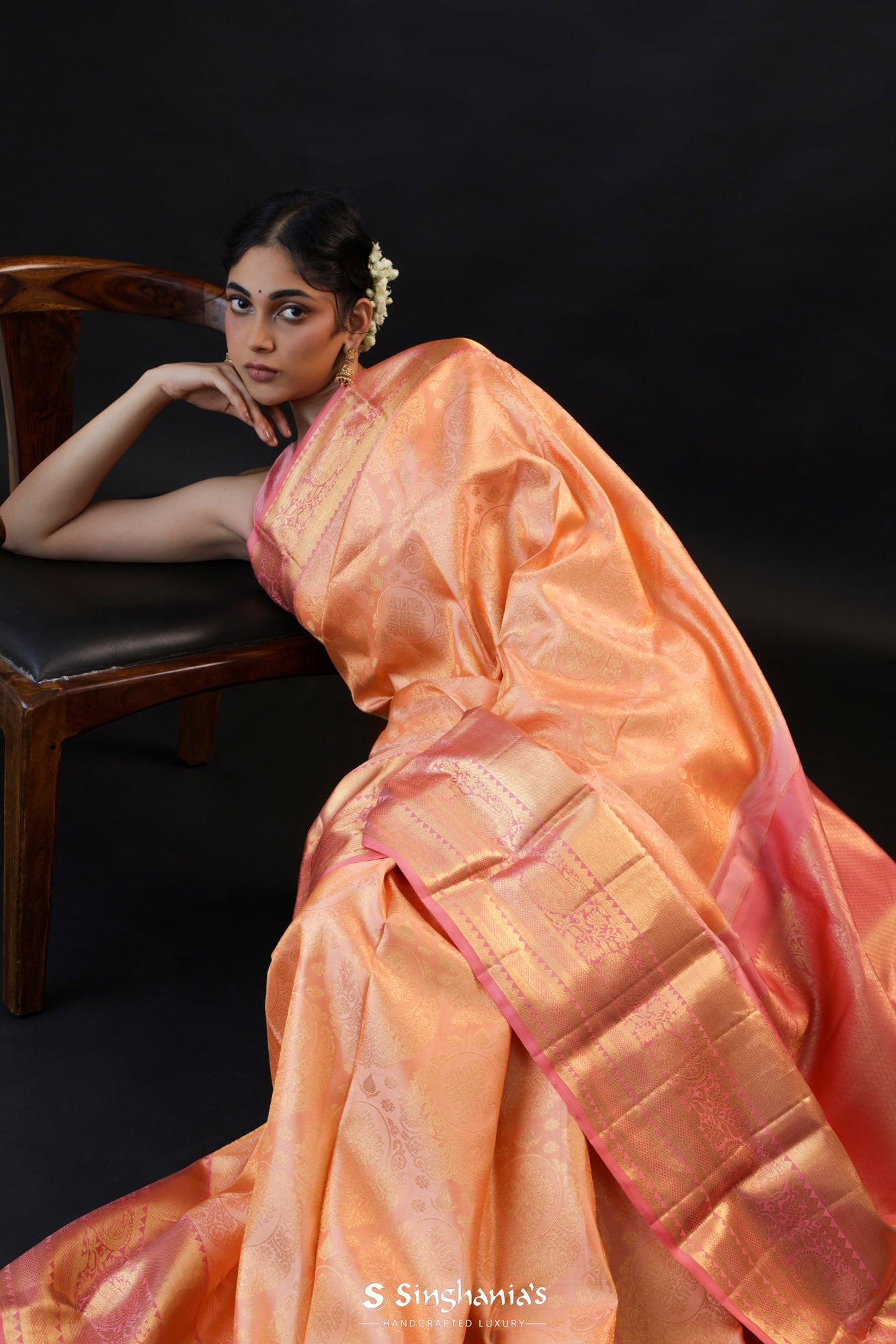 Pastel Peach Kanjivaram Silk Saree With Gold Butti And Big Border