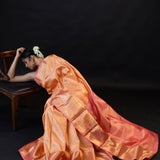 Pastel Peach Kanjivaram Silk Saree With Gold Butti And Big Border