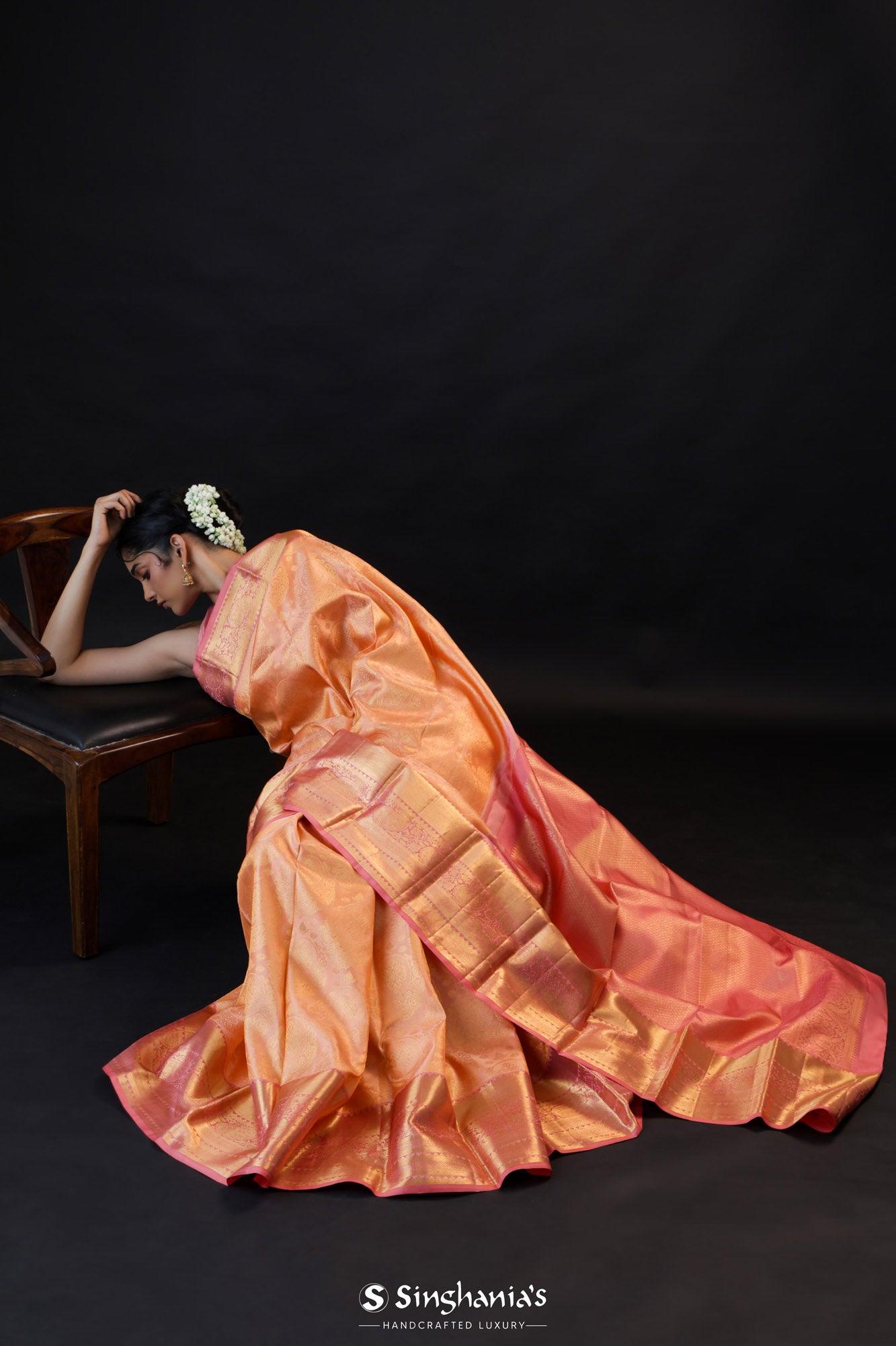 Pastel Peach Kanjivaram Silk Saree With Gold Butti And Big Border