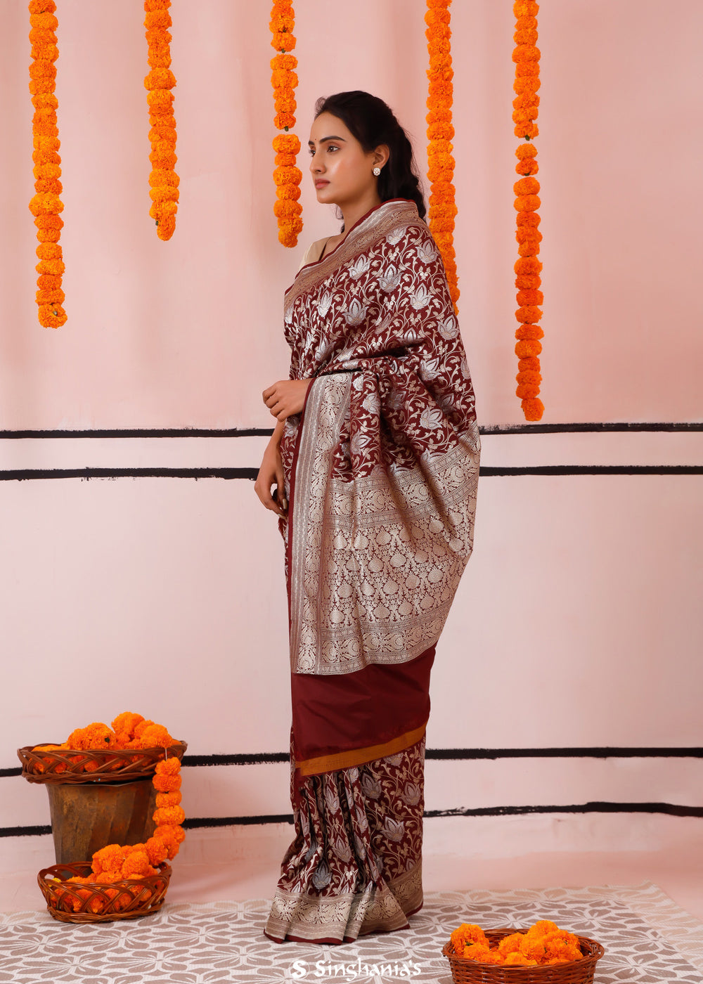 Athletic Maroon Banarasi Silk Saree With Floral Jaal Work