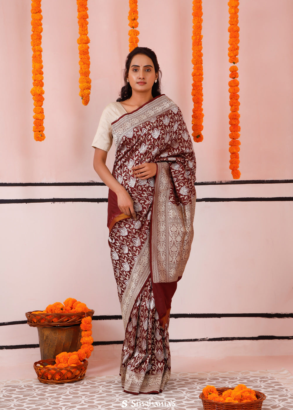 Athletic Maroon Banarasi Silk Saree With Floral Jaal Work