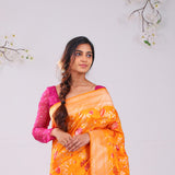 Yellow Orange Banarasi Silk Saree With Meenakari Floral Jaal