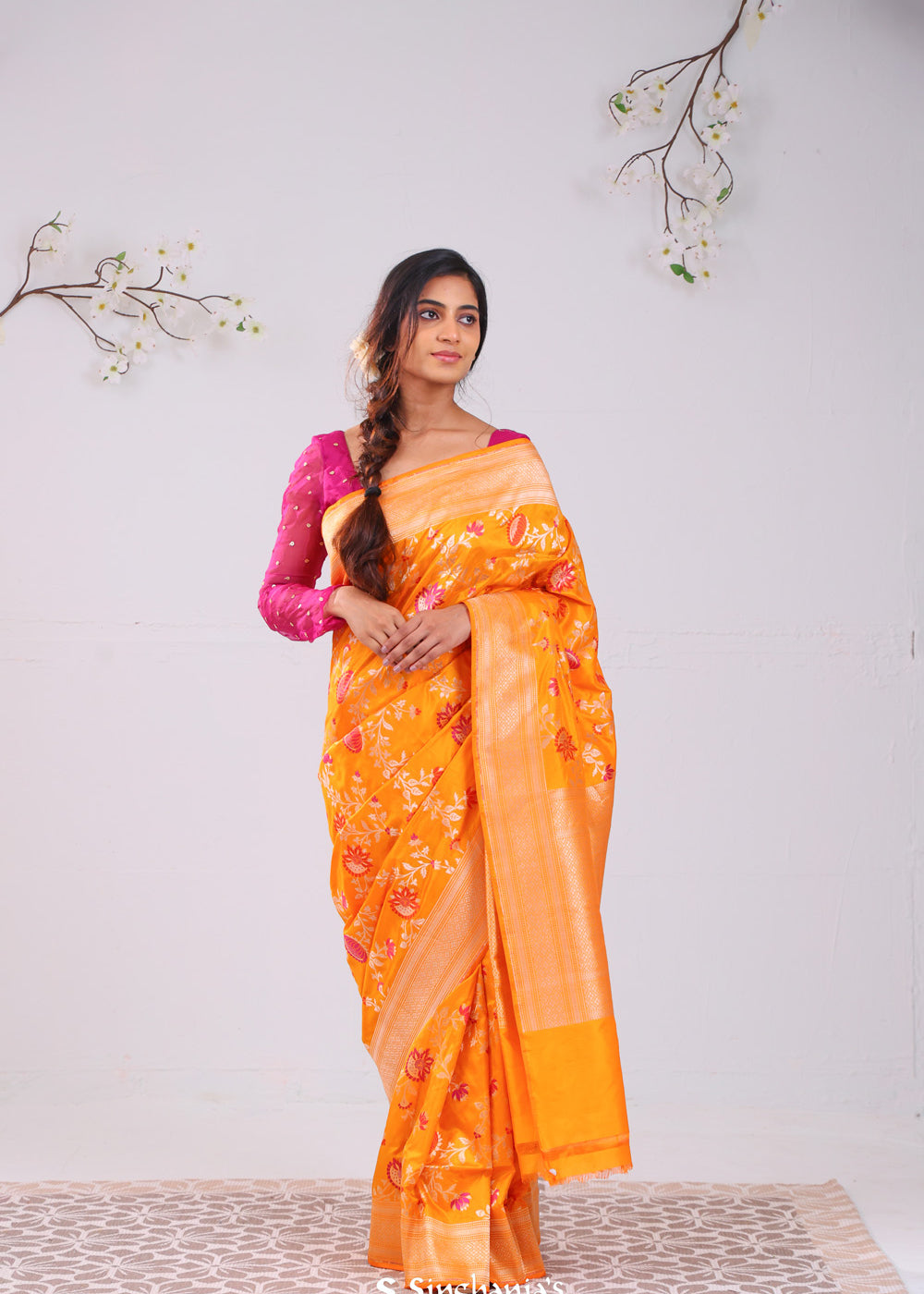 Yellow Orange Banarasi Silk Saree With Meenakari Floral Jaal