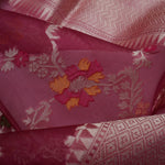 <img> Maroon Pink Organza Banarasi Saree With Floral Jaal Weaving