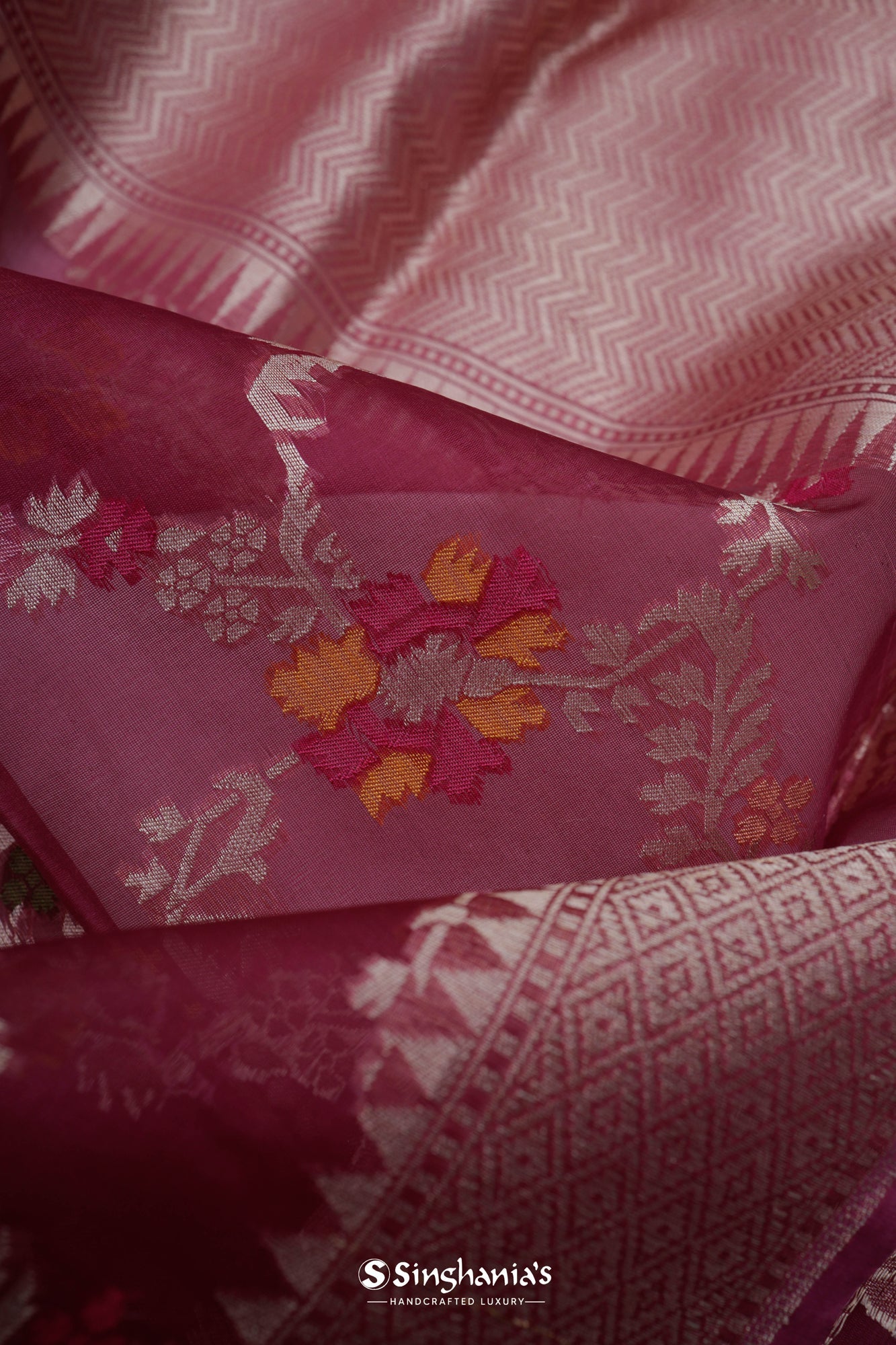 <img> Maroon Pink Organza Banarasi Saree With Floral Jaal Weaving