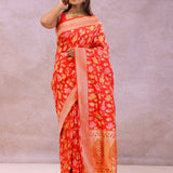 Vibrant Orange Banarasi Silk Saree With Meenakari Work