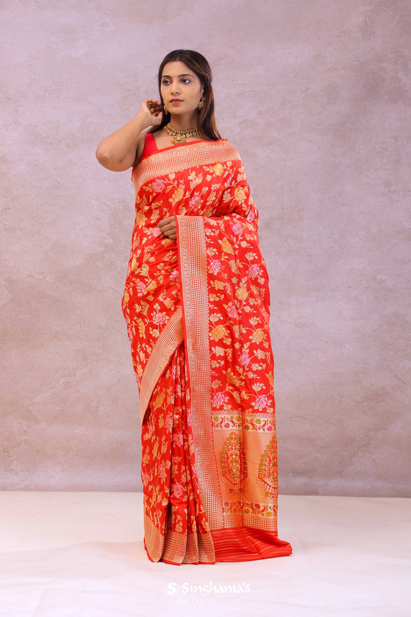 Vibrant Orange Banarasi Silk Saree With Meenakari Work