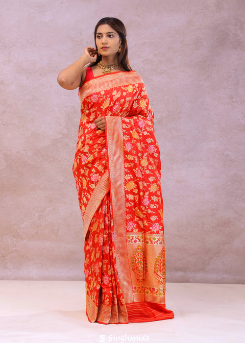 <img> Vibrant Orange Banarasi Silk Saree With Meenakari Work