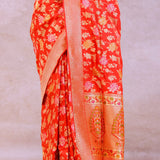 Vibrant Orange Banarasi Silk Saree With Meenakari Work