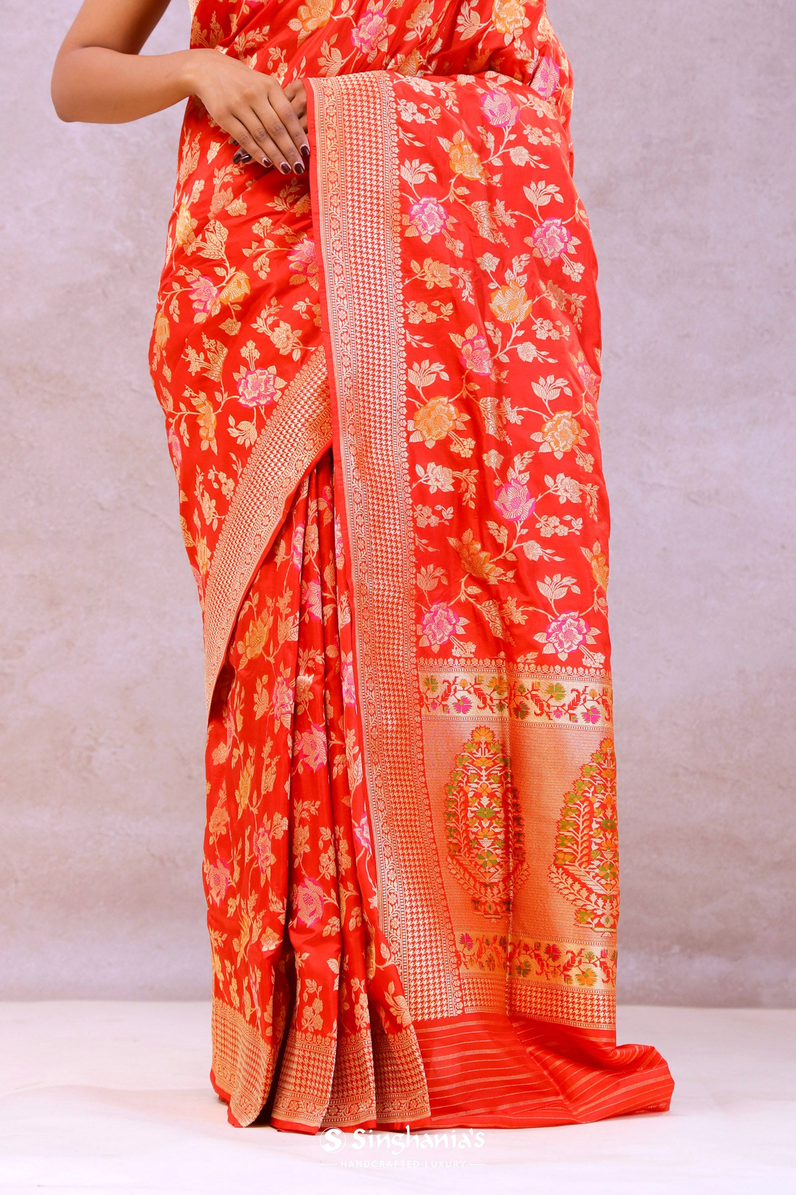 Vibrant Orange Banarasi Silk Saree With Meenakari Work