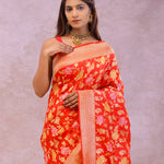 Vibrant Orange Banarasi Silk Saree With Meenakari Work