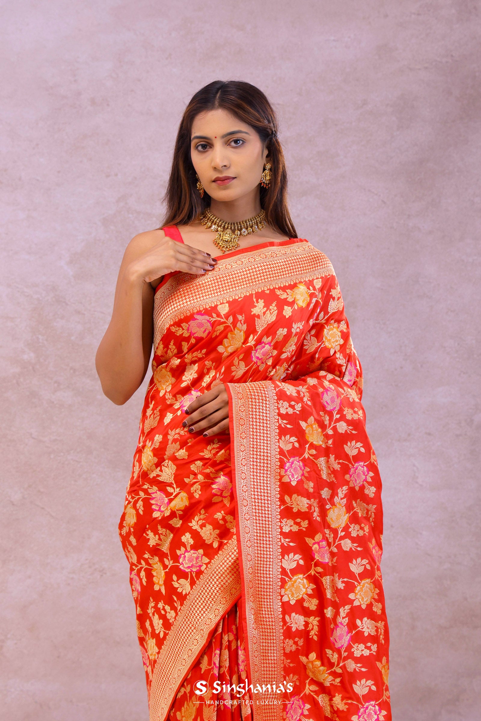 Vibrant Orange Banarasi Silk Saree With Meenakari Work