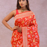 Vibrant Orange Banarasi Silk Saree With Meenakari Work