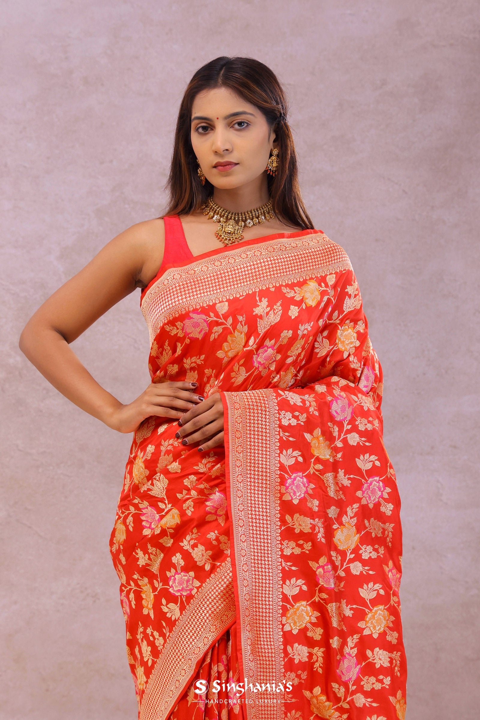 Vibrant Orange Banarasi Silk Saree With Meenakari Work