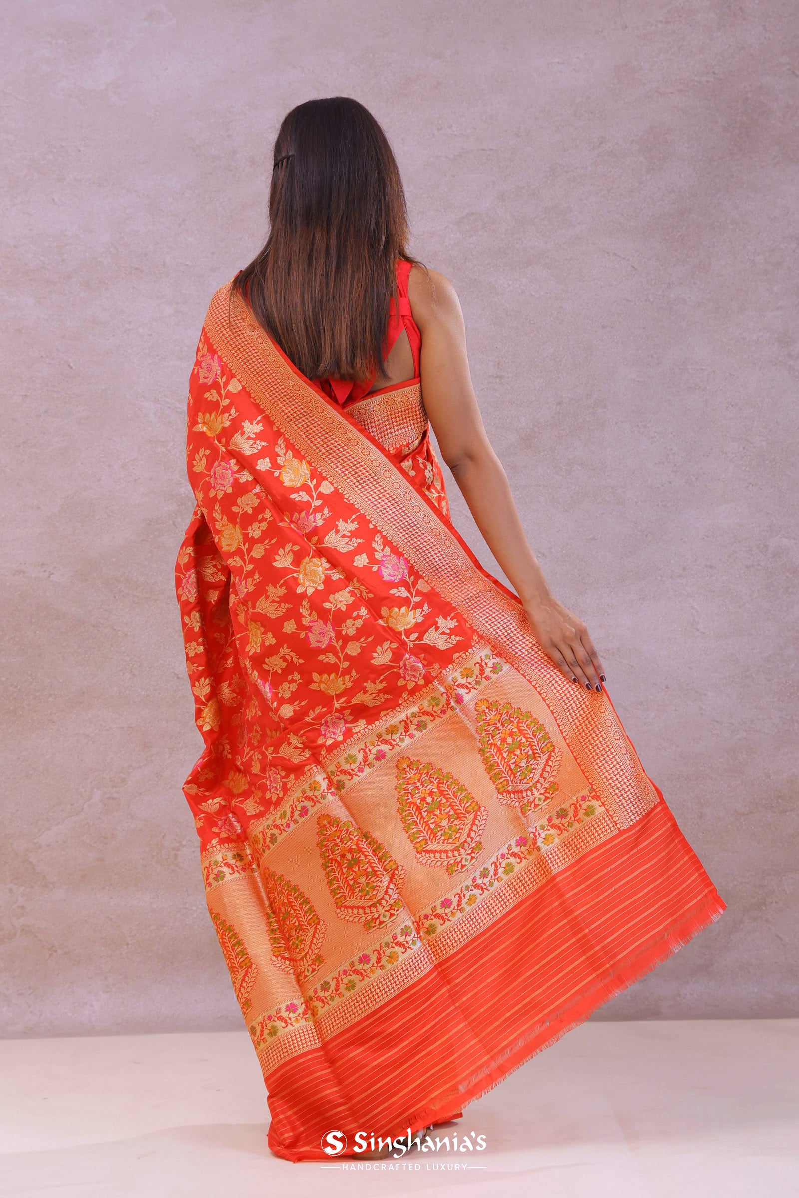 Vibrant Orange Banarasi Silk Saree With Meenakari Work