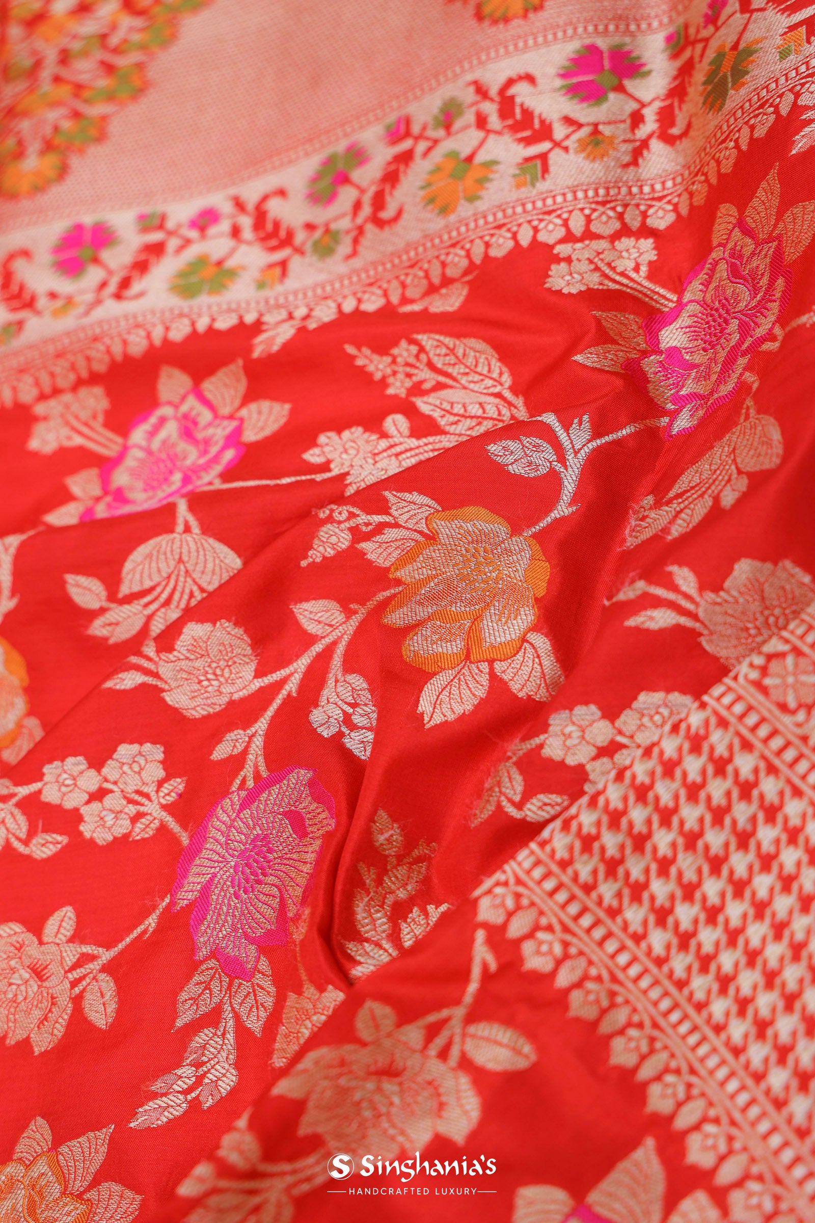 Vibrant Orange Banarasi Silk Saree With Meenakari Work