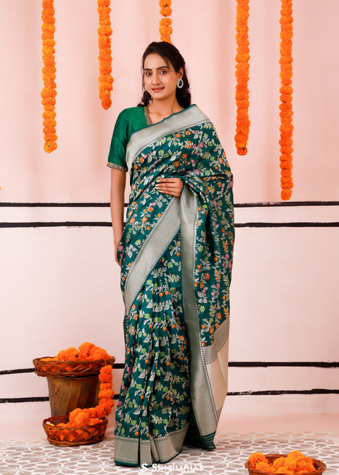 <img> Kaitoke Green Banarasi Silk Saree With Meenakari Zari Jaal Work