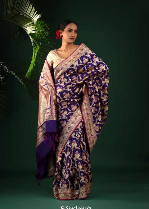 <img> Regalia Purple Banarasi Silk Saree With Floral-Peacock Motifs