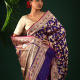 Regalia Purple Banarasi Silk Saree With Floral-Peacock Motifs