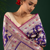 Regalia Purple Banarasi Silk Saree With Floral-Peacock Motifs