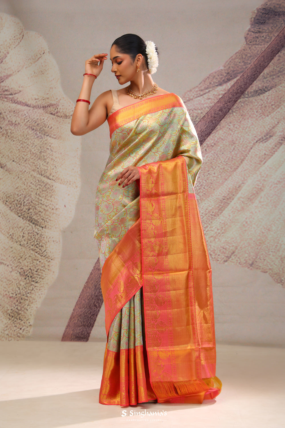 Turquoise Green Jaal Kanjivaram Silk Saree