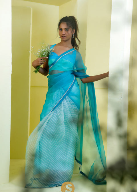 <img> Carolina Blue Printed Organza Saree With Leheriya Pattern