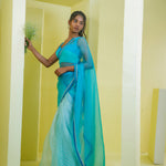 Carolina Blue Printed Organza Saree With Leheriya Pattern