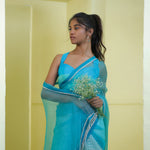 Carolina Blue Printed Organza Saree With Leheriya Pattern