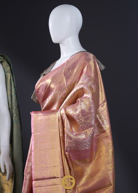 Pink Gold Tissue Kanjivaram Saree With Floral Jaal Weaving