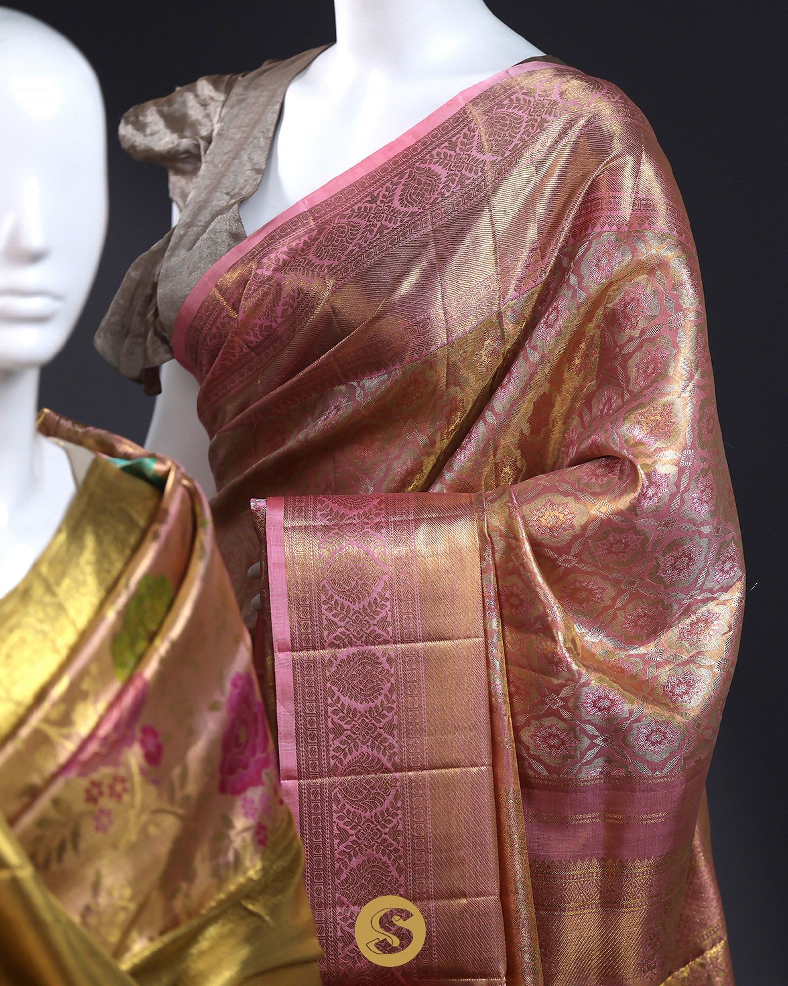 Pink Gold Tissue Kanjivaram Saree With Floral Jaal Weaving