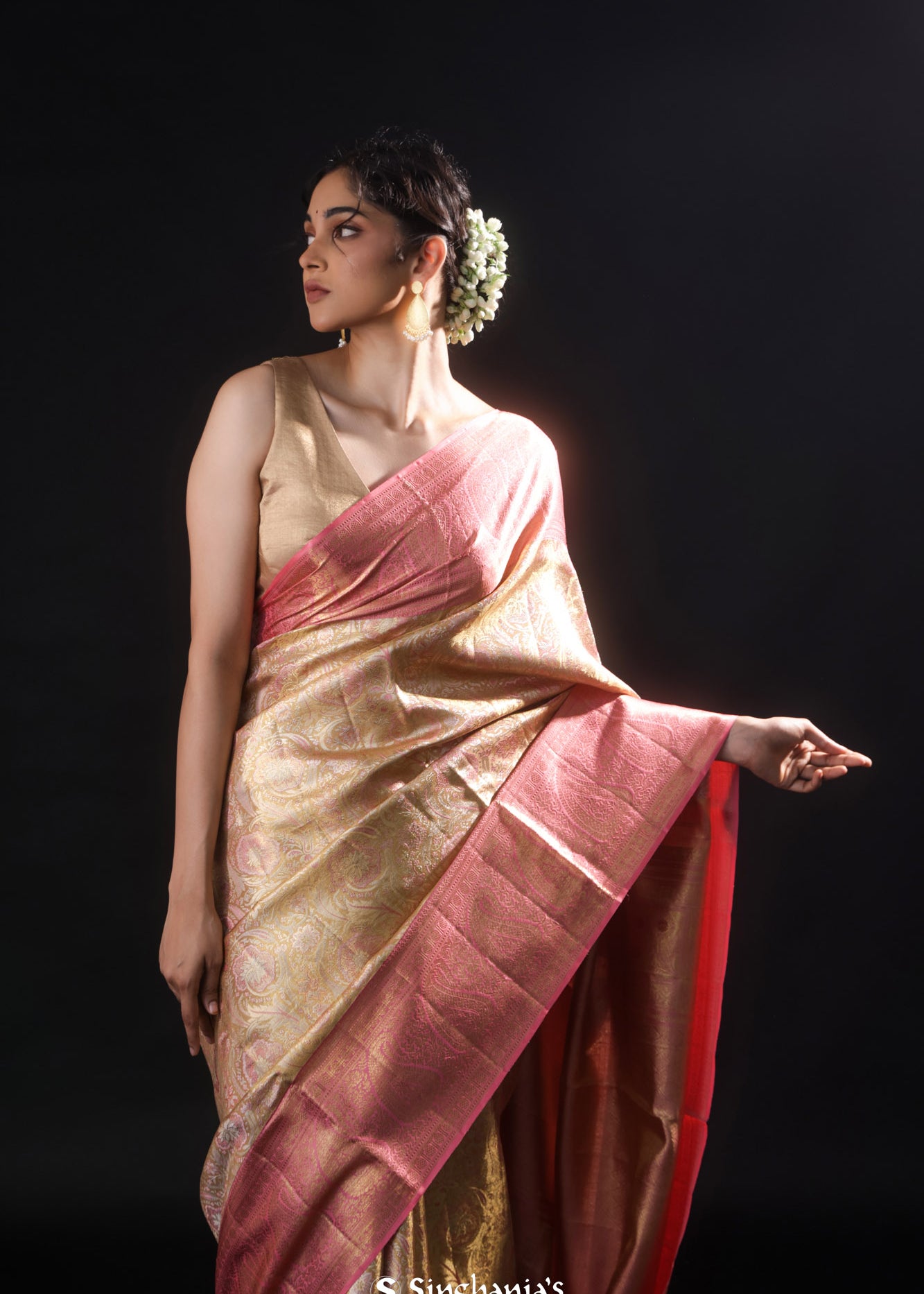Pale Gold Tissue Kanjivaram Silk Saree With Meenakari Jaal