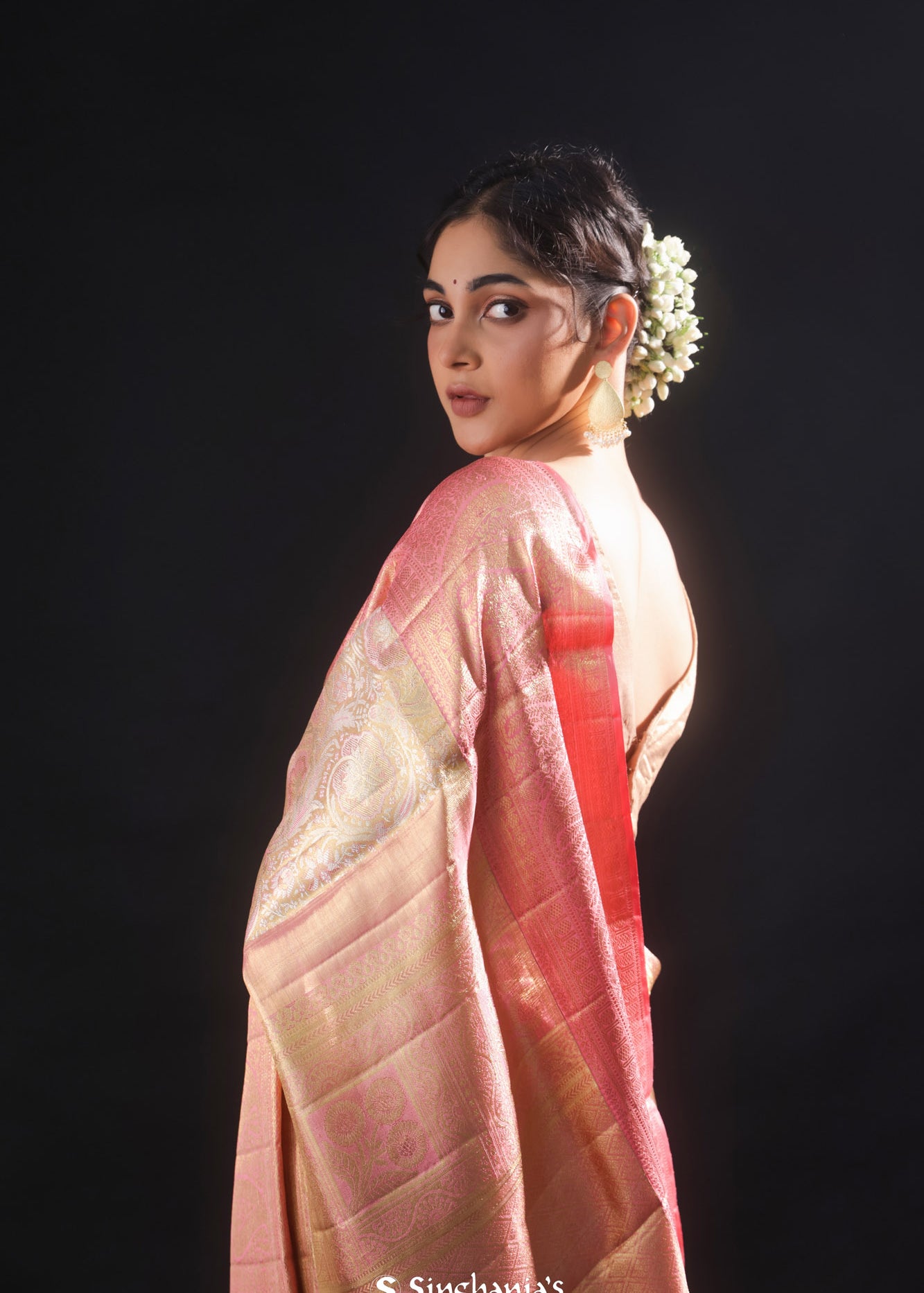 Pale Gold Tissue Kanjivaram Silk Saree With Meenakari Jaal