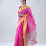Barbie Pink Chanderi Meenakari Saree With Floral Buttas
