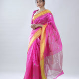 Barbie Pink Chanderi Meenakari Saree With Floral Buttas