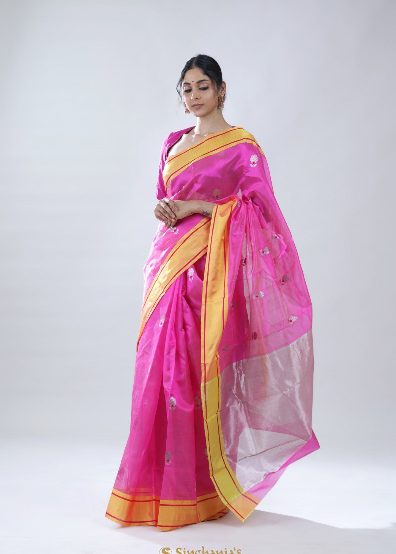 Barbie Pink Chanderi Meenakari Saree With Floral Buttas