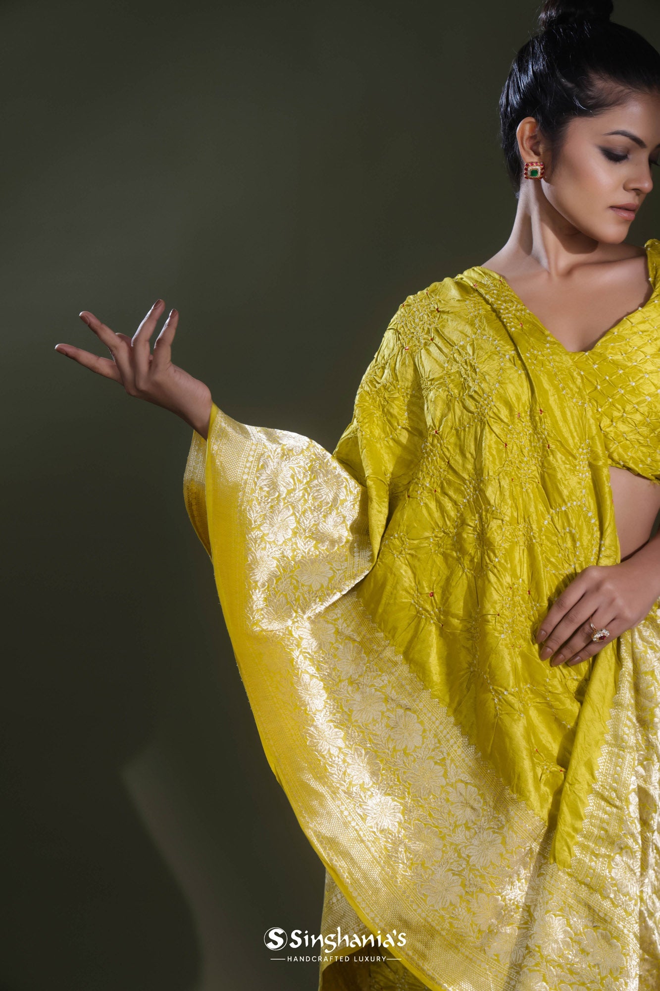 <img> Spectrum Yellow Bandhani Kanjivaram Saree
