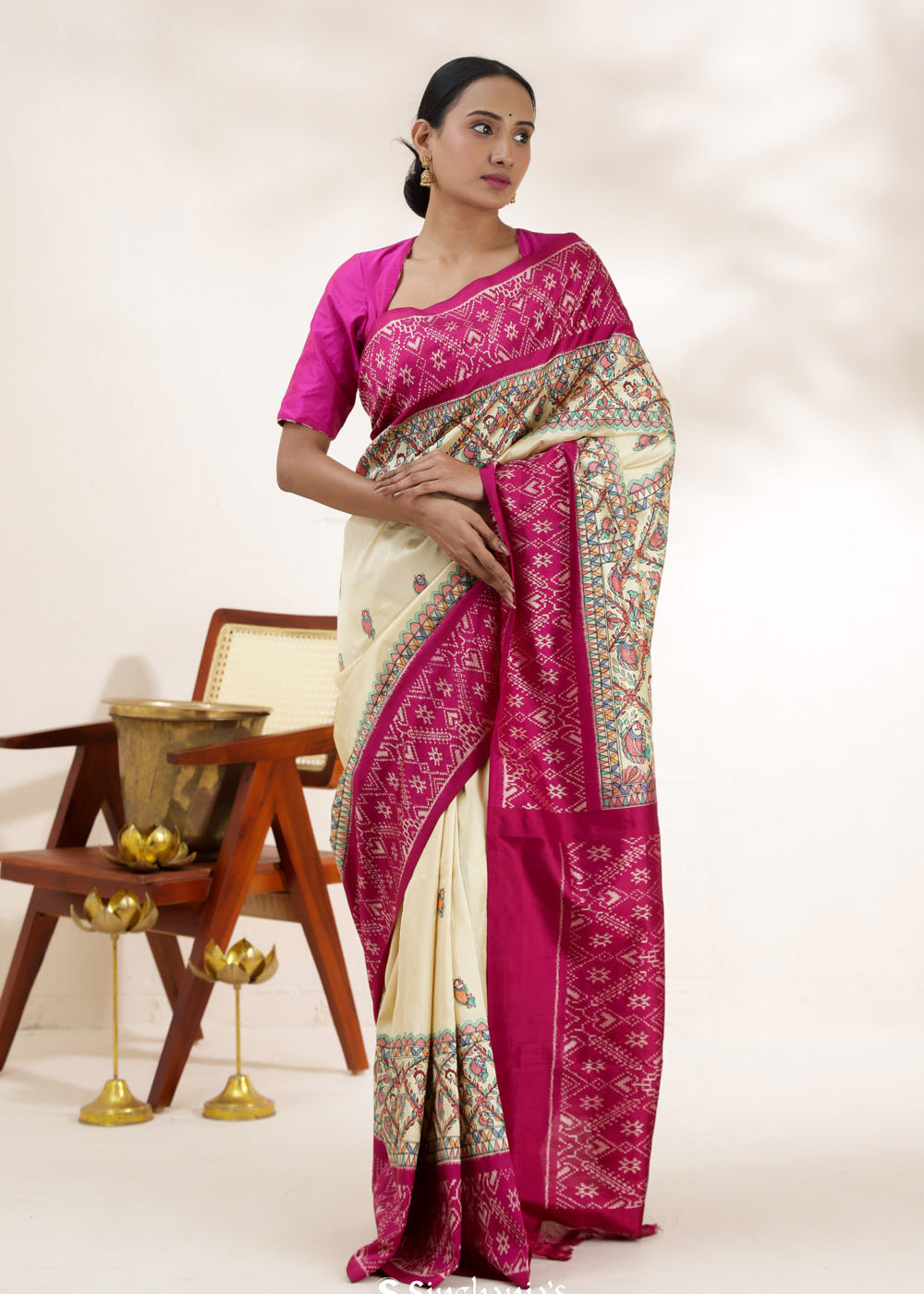 Yellow Pink Printed Madhubani Silk Saree