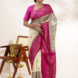 Yellow Pink Printed Madhubani Silk Saree