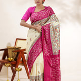 Yellow Pink Printed Madhubani Silk Saree